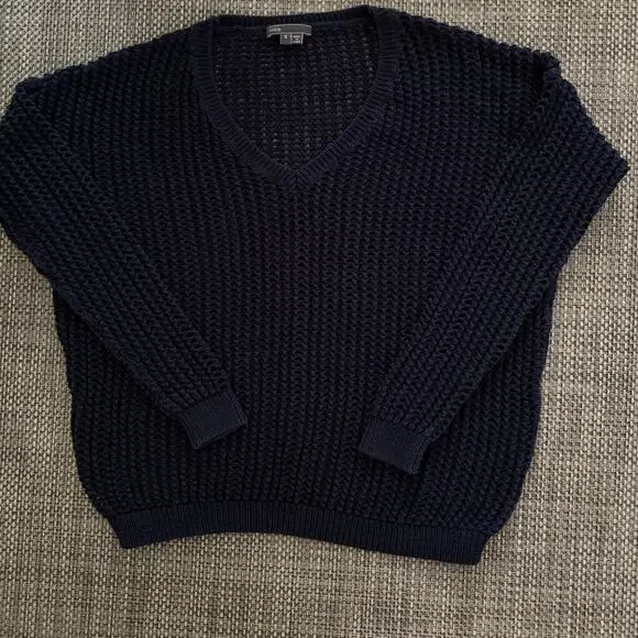 VINCE 100% Cotton Open Weave Grid Mesh Chunky V-neck Sweater Navy Blue Coastal S - Picture 1 of 4